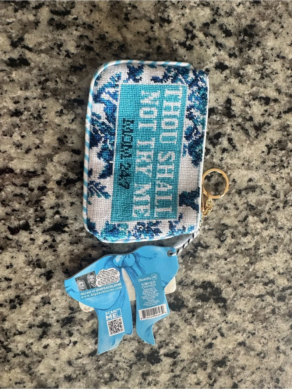 Blue Embroidered Zip Pouch with Keyring